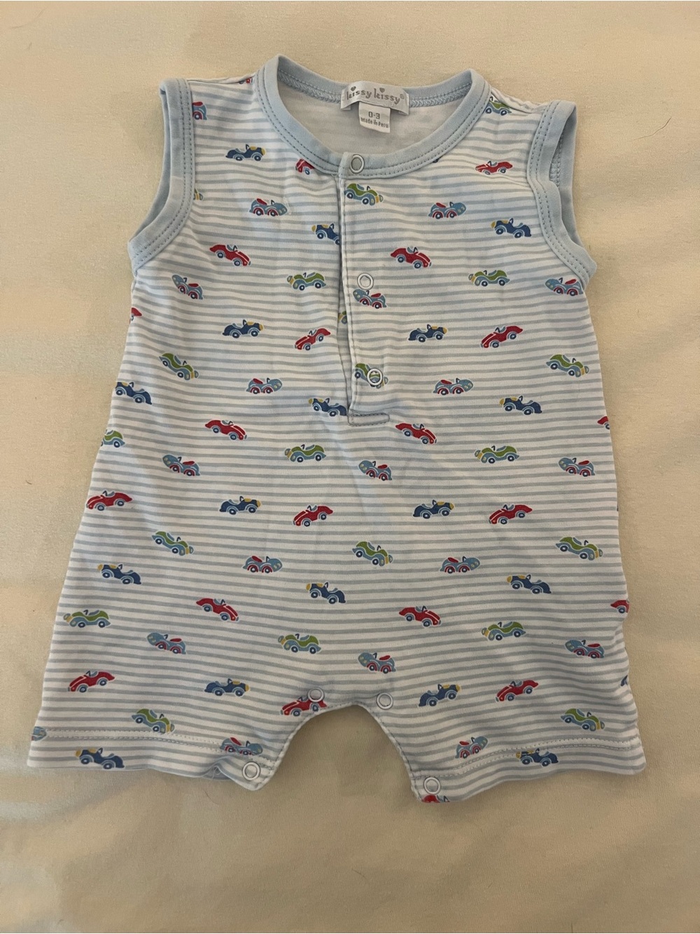 Kissy Kissy Light Blue Stripe One-Piece with Red, Blue & Green Car Print